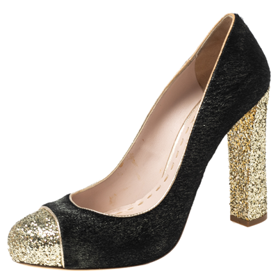 Pre-owned Miu Miu Black/gold Calf Hair And Coarse Glitter Cap-toe Block Heel Pumps Size 40