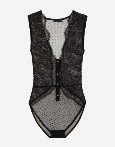 Dolce & Gabbana Lace Bodysuit With Plunging Neckline In Black