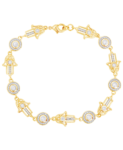 Macy's Diamond Accent Hamsa Hand Bracelet In Gold Plate Or Fine Silver Plate In Gold Plated