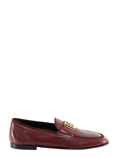 Dolce & Gabbana Leather Loafer With Logo Detail In Brown