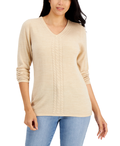 Karen Scott Luxsoft Cable-knit V-neck Sweater, Created For Macy's In Oatmeal Heather