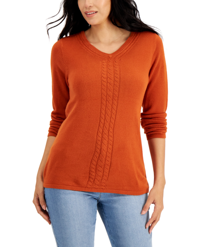 Karen Scott Luxsoft Cable-knit V-neck Sweater, Created For Macy's In Red Ochre