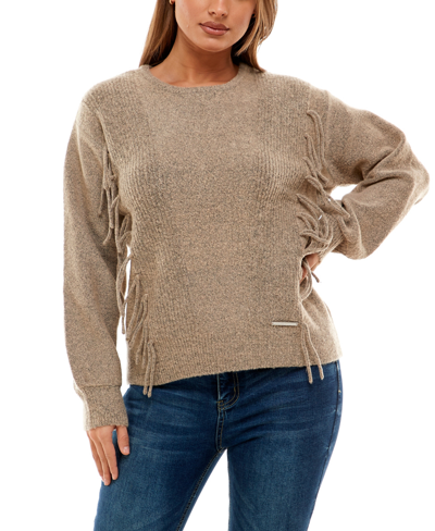 Adrienne Vittadini Women's Long Sleeve With Fringe Pullover Sweater In Doeskin