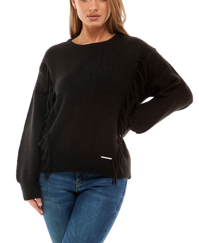 Adrienne Vittadini Women's Long Sleeve With Fringe Pullover Sweater In Black