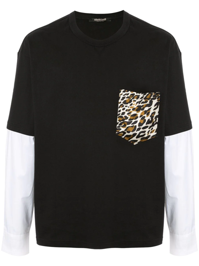 Roberto Cavalli Leopard Print Panel T-shirt In Black