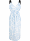 Prada Floral-print Off-shoulder Cotton Dress In Blue