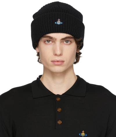 Vivienne Westwood Mens Black Brand-embroidered Ribbed Wool Beanie Hat