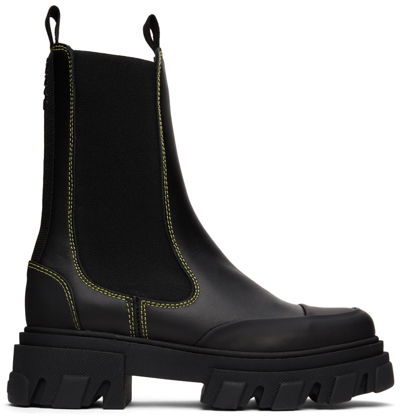 Ganni Black Cleated Mid Chelsea Boots In 099 Black