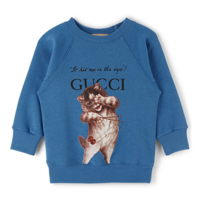 Gucci Babies' Kids Cotton Cat Motif Logo Sweatshirt (12-36 Months) In Blue