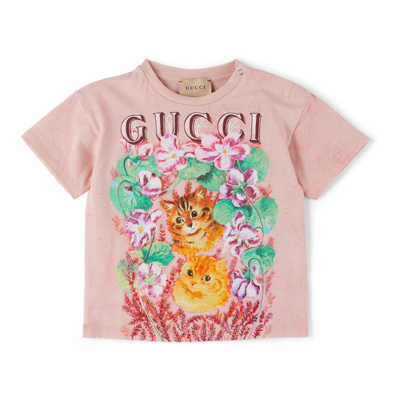 Gucci Baby Cotton Cat Print T-shirt In Pink