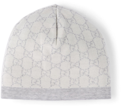 Gucci Baby White & Grey Wool Gg Beanie In 9263 Ivory/light Gre