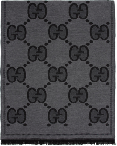 Gucci Fringed Gg-jacquard Wool Scarf In Grey