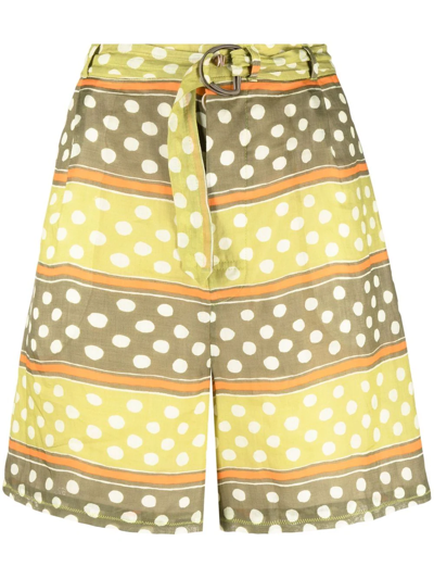 Marni Woman Green Ramie Bermuda With Dot & Stripe Print In Dusty Olive