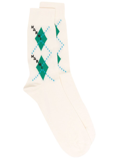 Marni Diamond-print Logo Socks In Neutrals