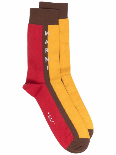 Marni Logo-print Colour-block Socks In Red