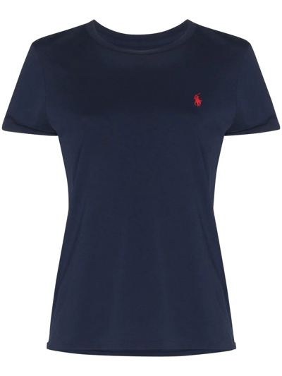 Polo Ralph Lauren Blue Crewneck T-shirt With Contrasting Logo Embrodery In Cotton Woman