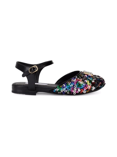 Dolce & Gabbana Kids' Sequin-embellished Logo Ballerinas In Black