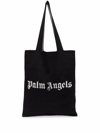 Palm Angels Logo-embroidered Wool-blend Tote Bag In Black