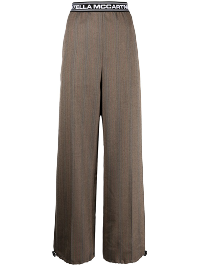 Stella Mccartney Logo-waistband Herringbone Wool Trousers In Brown