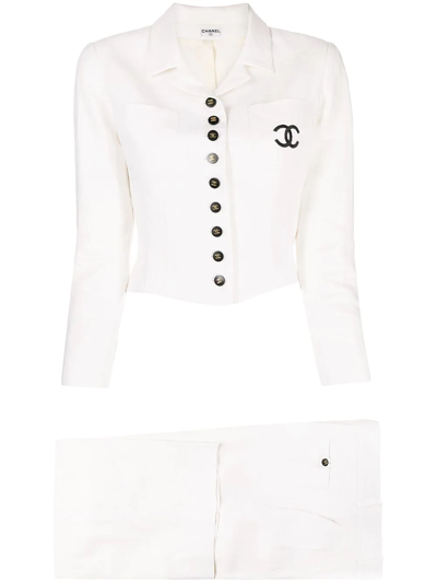 Pre-owned Chanel 1990s Cc-button Linen Suit In White