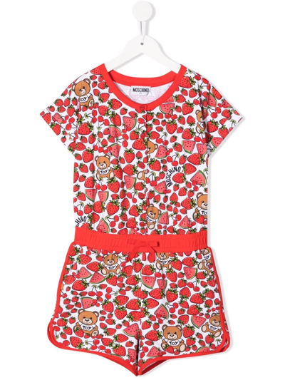 Moschino Kids' Logo-print Short-sleeve Playsuit In Red