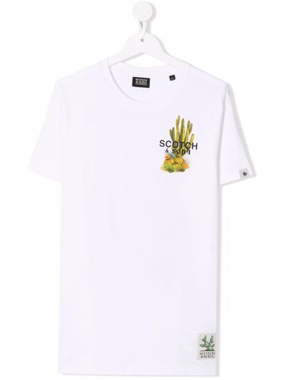 Scotch & Soda Teen Graphic-print Organic-cotton T-shirt In White