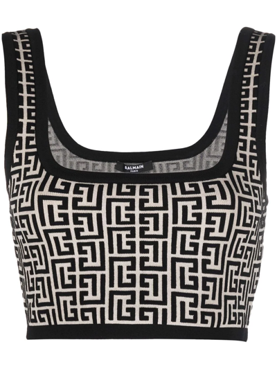 Balmain Black And White Wool Blend Crop Top In Multi-colour