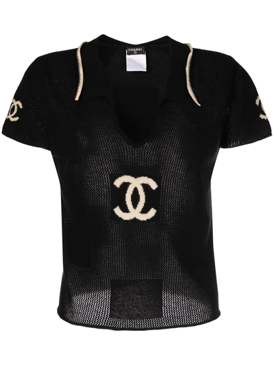 Pre-owned Chanel 2001 Cc-print Cashmere Top In Black