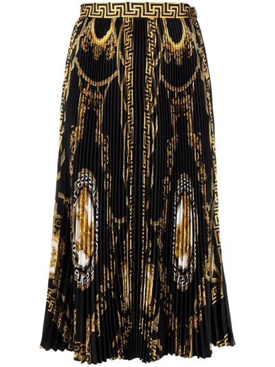 Versace Medusa-print Silk-twill Midi Skirt In Black,gold,white