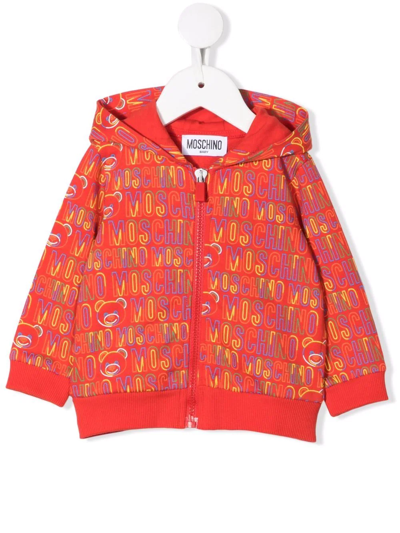 Moschino Babies' All-over Logo Print Hoodie In Red