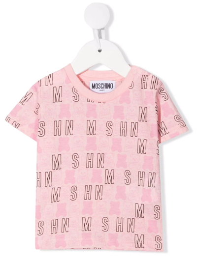 Moschino Babies' All-over Logo-print T-shirt In Pink