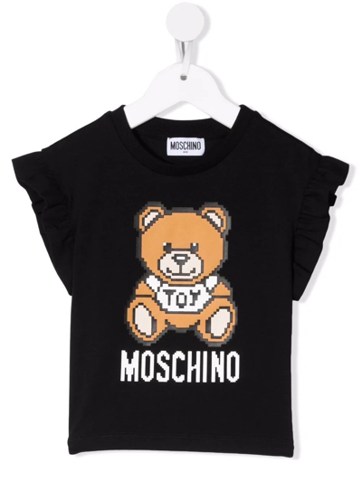 Moschino Kids Black T-shirt With Logo Print And Pixelated Teddy Bear