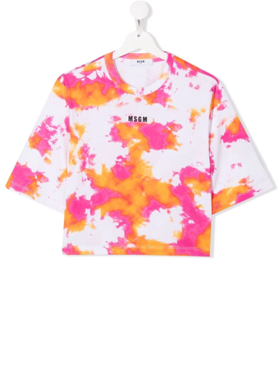 Msgm Kids White T-shirt With Logo And Tie Dye Print In Multicolor
