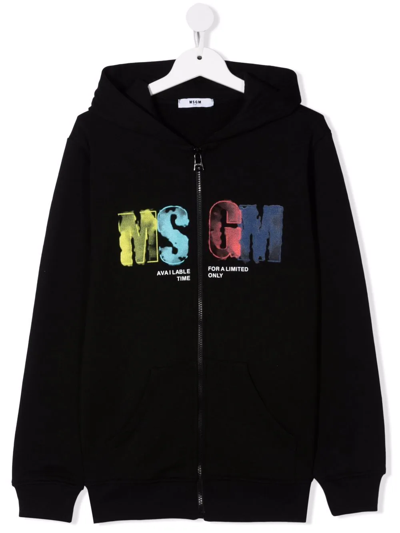 Msgm Teen Logo-print Zip-up Hoodie In Black