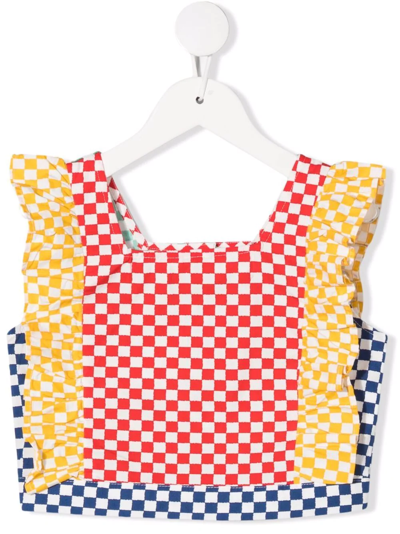 Stella Mccartney Kids' Colourblock-checkered Ruffled Blouse In Multicolor