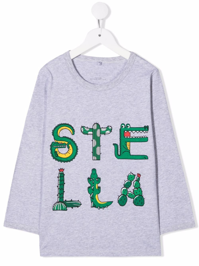Stella Mccartney Kids' Cactus Crocodile Logo-print Top In Grey