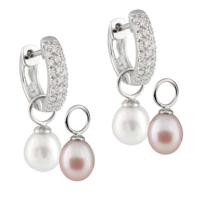 Bella Pearl Night And Day Customizable Huggie Earrings Esr-77wp In Pink,white