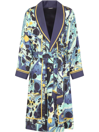 Dolce & Gabbana Silk Dressing Gown With Blue Marbled Print In Multicolor