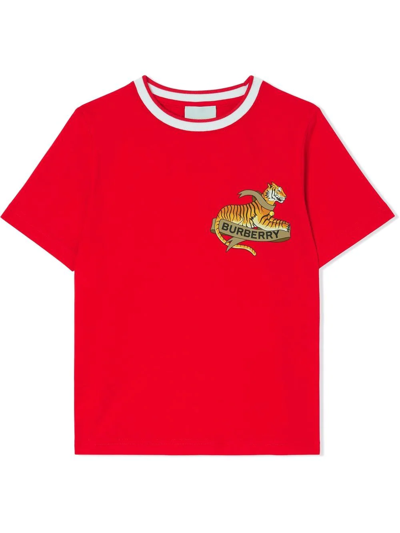 Burberry Kids' Tiger-print Cotton T-shirt In Red