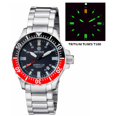 Deep Blue Daynight Tritdiver T-100 Automatic Black Dial Watch Tritdivercoke In Black,blue,red,silver Tone