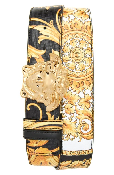 Versace Medusa Heritage Baroque-print Reversible Leather Belt In Black Gold