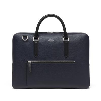 Smythson Slim Briefcase With Zip Front In Ludlow In Navy