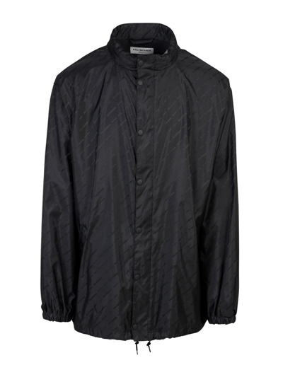 Balenciaga Allover Logo Printed Rain Jacket In Black