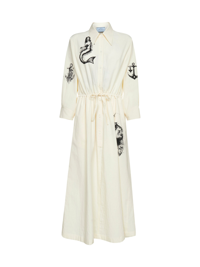 Prada Logo Detailed Drawstring Midi Dress In Beige