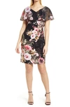 Connected Apparel Floral Print Knit Cape Dress In Black