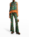 La Doublej La Scala Floral Garden-print Top W/ Feather Trim In Night Garden