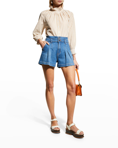 Veronica Beard Jeans Jaylen Pleated Denim Shorts In Cornflower