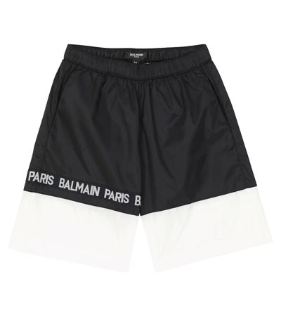 Balmain Kids' Monochrome Striped Logo Printed Swimming Shorts In 930bc-nero/bianco