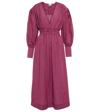 Ganni Shirred Gingham Seersucker Midi Dress In Carmine Rose