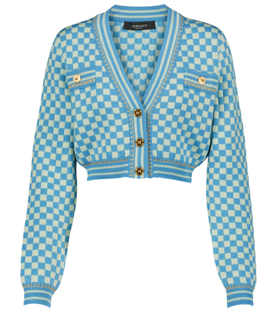 Versace 格纹羊毛针织短款开衫 In Blue